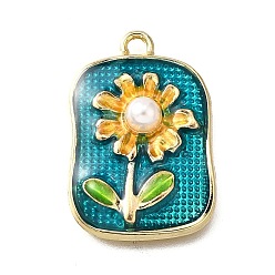 Золотистый Подвески из эмали и сплава, с ABS имитации жемчуга, Прямоугольник с цветком, стойки покрытие, долговечный, без свинца, без кадмии и без никеля, золотые, золотые, 25x17x5 мм, отверстие : 2 мм