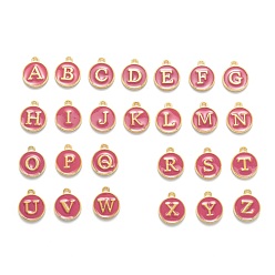 Flamingo Initial Letter A~Z Alphabet Enamel Charms, Flat Round Disc Double Sided Charms, Golden Plated Enamelled Sequins Alloy Charms, Flamingo, 14x12x2mm, Hole: 1.5mm, 26pcs/set