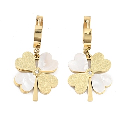 Настоящее золото 18K 304 серьги с подвесками из ракушки из нержавеющей стали, женские серьги-кольца со стразами и текстурой клевера, реальный 18 k позолоченный, 36.5x18 мм