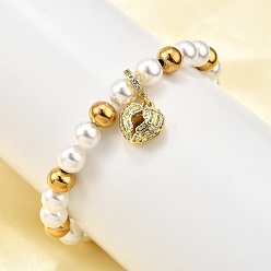 Сердце Латунь браслеты простирания, с латунными подвесками из микропаве из прозрачного кубического циркония и пластиковыми бусинами с имитацией жемчуга и ионным покрытием (IP) 304 бусины из нержавеющей стали, стойки покрытие, золотые, сердце, внутренний диаметр: 2 дюйм(5.15см) подвеска: 12.5x12.5x3.5мм