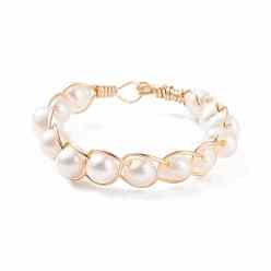 Seashell Color Natural Pearl Braided Finger Ring, Wire Wrapped Ring for Women, Golden, Seashell Color, US Size 10 3/4(20.3mm)