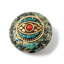 Evil Eye Handmade Polymer Clay Indonesia Beads, with Synthetic Turquoise & Resin & Unplated Brass, Colorful, Flat Round with Evil Eye, 32.5x19mm, Hole: 4.5mm