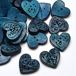 Royal Blue Heart Coconut 2 Holes Sewing Buttons, Dyed, Royal Blue, 20~21x22~23x4~6mm, Hole: 1mm