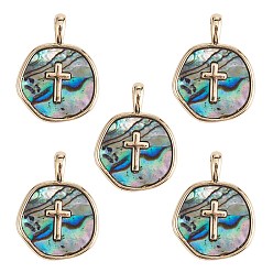 Cross 5Pcs Natural Abalone Shell/Paua Shell Pendants, with Real 18K Gold Plated Brass Findings, Cadmium Free & Lead Free, Long-Lasting Plated, Flat Round Charm, Cross Pattern, 18x13.5x2mm, Hole: 2x3mm