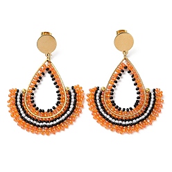 Dark Orange Woven Glass Beaded Teardrop Dangle Stud Earrings, with PVD Vacuum Plating 304 Stainless Steel Pins, Dark Orange, 65x46mm