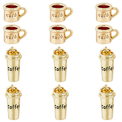 Real 18K Gold Plated 12Pcs 2 Style Brass Charms, Cup with Cafe & Word Coffee, Real 18K Gold Plated, 6.5~15x10~15x7~7.5mm, Hole: 1~3x2~3mm, 6pcs/style