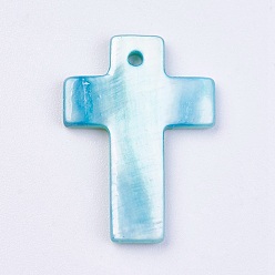 Light Cyan Shell Pendants, Dyed, Cross, Light Cyan, 22~23x17~19x2mm, Hole: 1.5mm