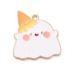 Orange Halloween Theme Alloy Enamel Pendants, Ghost with Hat Charm, Light Gold, Orange, 24x22.5x2mm, Hole: 1.8mm