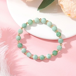 Средний Аквамарин Стеклянные бусины растянуть браслеты, круглые бусины с имитацией драгоценных камней, с латунным, реальный 18 k позолоченный, средний аквамарин, внутренний диаметр: 2 дюйм (5.2 см)