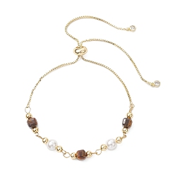 Тигровый глаз Браслеты из натуральных кубических и ракушечных бусин с натуральным тигровым глазом, браслеты-слайдеры с цепочкой из латуни для женщин, 12-1/4 дюйм (31 см)