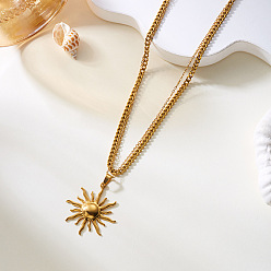 Soleil Plage d'été 304 Colliers pendentifs double couche en acier inoxydable pour femmes, or, soleil, 15.75 pouce (40 cm), pendentif: 46x36 mm