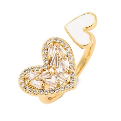 Белый Открытые манжеты из латуни с микропаве и прозрачным фианитом, женское кольцо с эмалью в форме сердца, без свинца и без кадмия, реальный 18 k позолоченный, белые, внутренний диаметр: 17.2 мм
