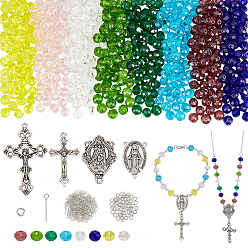 Gemischte Farbe DIY-Rosenkranz-Sets, Glasperlen enthalten, eiserne Augennadel & Biegeringe, Anhänger und Glieder aus einer Legierung im tibetischen Stil, Gemischte Farbe, 8x6 mm, Bohrung: 1 mm