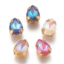 (52) Непрозрачная лаванда Шить на горный хрусталь, флуоресцентный стиль мокко, стекло горный хрусталь, с позолоченными латунными зубцами, граненые, слеза, разноцветные, 8.5x6.5x5 мм, отверстие : 0.8~1.2 мм