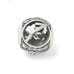 Стрелец Латунные прозрачные фианиты европейские бусины, бусины с большим отверстием, рондель с двенадцатью созвездиями, античное серебро, Стрелец, 11.5 мм, отверстие : 4.5 мм