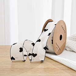 Heart 10 Yards Printed Polyester Chiffon Ribbons, Garment Accessories, Gift Packaging, Black, Heart, 1-5/8 inch(40mm), 10 Yards/Roll