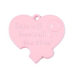 Pink Спрей окрашены сплава большие кулоны, сердце с розой и словом, без кадмия, без никеля и без свинца, розовые, 46x50x3 мм, отверстие : 4 мм