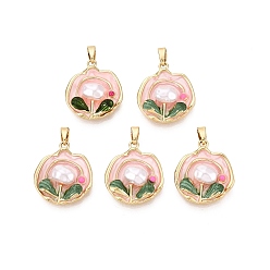 Розовый Латунь эмаль подвески, плоские круглые и цветочные подвески, с ABS имитации жемчуга, реальный 18 k позолоченный, туманная роза, 20x18x5.5~6 мм, отверстие : 5x2.5 мм