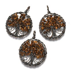 Тигровый глаз Природных тигровый глаз подвески, с красной медью, плоские круглые с дерева жизни, 64~67.5x50~51x6~7.5 мм, отверстие : 8x5~6.5 мм
