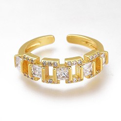 Golden Brass Micro Pave Clear Cubic Zirconia Cuff Rings, Open Rings, Long-Lasting Plated, Rectangle, Golden, US Size 7(17.3mm)