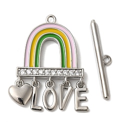 Платина Латуни Переключить застежками, без кадмия, без никеля и без свинца, со стеклом, радуга со словом любовь, платина, 4x22.5x1.5 мм, отверстие : 1.3 мм, Радуга: 26.5x18x2.5 мм, отверстия: 1.3
