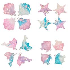 Mixed Color Transparent Resin Pendants, with Platinum Plated Iron Loop, Mixed Shapes, Mixed Color, 16pcs/box