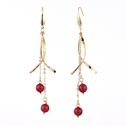 Red Shell Pearl Dangle Earrings, with 304 Stainless Steel Pendants, 316 Surgical Stainless Steel Earring Hooks, Brass Cable Chains and Cardboard Packing Box, Red, 98mm, Pin: 0.8mm