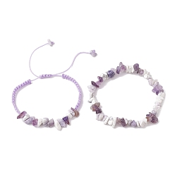 Mixed Stone 2Pcs Adjustable Natural Gemstone Braided Bracelets & Stretch Bracelet Sets, Inner Diameter: 2~4 inch(5~10cm)