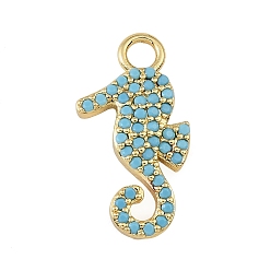 Chapado en Oro Real 18K Colgantes de latón con microengaste de circonitas cúbicas azul cielo intenso., encantos de caballitos de mar, chapado en rack, larga duración plateado, sin plomo y cadmio, real 18 k chapado en oro, 22x12x3 mm, agujero: 2.5 mm