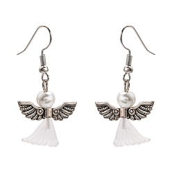 Белый Прекрасная свадьба платье Ангел болтаться серьги, с бусинами тибетского стиля, Стеклянные жемчужные бусины, прозрачных бусин акриловые и крючки латуни серьги, белые, 40 мм