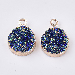 Blue Electroplate Druzy Resin Pendants, with Iron Findings, Flat Round, Light Gold, Blue, 17~18.5x13x6mm, Hole: 2mm
