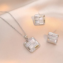 Нержавеющая Сталь Цвет Квадратные 304 ожерелья с подвесками из нержавеющей стали и комплекты серег-гвоздиков со стразами, цвет нержавеющей стали, 400 мм