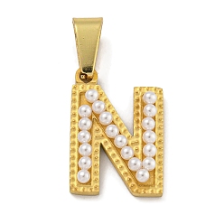 Letter N Ионное покрытие (ip) 304 подвески из нержавеющей стали, с ABS имитации жемчуга, Письмо N, 17x12x3 мм, отверстие : 6x3 мм