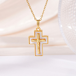 Золотой Латунный паве натуральный белый ракушка религия Иисус крест кулон ожерелья для женщин, золотые, 15.75 дюйм (40 см)