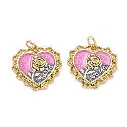 Ярко-Розовый Латунные эмалевые подвески ко дню матери, Подвески в виде сердечек с узором из роз, без кадмия и без свинца, долговечный, стойки покрытие, реальный 18 k позолоченный, ярко-розовый, 18.5x20x2 мм, Перейти кольцо: 5x0.8 мм, внутренний диаметр: 3.5 мм