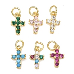 (52) Непрозрачная лаванда Латунные микро проложить кубического циркония подвески, крест прелести, без свинца и без кадмия, стойки покрытие, долговечный, реальный 18 k позолоченный, разноцветные, 12x7.5x2.5 мм, Перейти кольцо: 5x0.9 мм, 3.2 мм внутренним диаметром