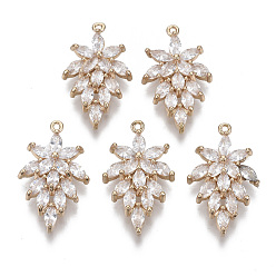 Прозрачный Стеклянные подвески, с латунной фурнитурой , граненые, лист, золотой свет, прозрачные, 24.5x15x4 мм, отверстие : 1 мм