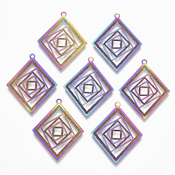 Rainbow Color Ion Plating(IP) 304 Stainless Steel Filigree Pendants, Etched Metal Embellishments, Rhombus, Rainbow Color, 28.5x22.5x0.4mm, Hole: 1.2mm