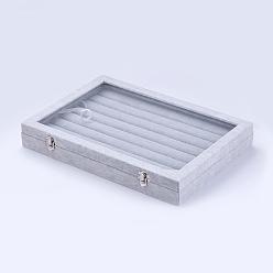 Серый Дерево кольцевые дисплеи, с ледяным плюшем внутри и накрыть стеклом, прямоугольные, серые, 35.3x24.3x4.8 см