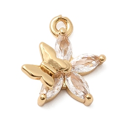 Цветок Латунные микропаве прозрачные подвески с фианитом, реальный 18 k позолоченный, цветок, 14x13x4 мм, отверстие : 1.3 мм