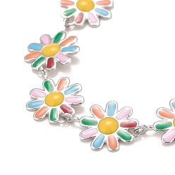 Green Enamel Daisy Link Chains Bracelet, 304 Stainless Steel Jewelry for Women, Stainless Steel Color, Colorful, 7-1/4 inch(18.4cm)