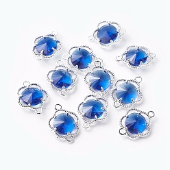 Blue Glass Links connectors, with Eco-Friendly Alloy Open Back Berzel Findings, Faceted, Flower, Silver Color Plated, Blue, 15.5x12x4mm, Hole: 1.4mm