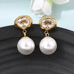 Golden 304 Stainless Steel Pave Clear Cubic Zirconia Stud Earrings, Oval, ABS Plastic Pearl Dangle Earrings, Golden, 26.5x13mm