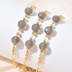 Grey Agate Natural Grey Agate Faceted Flat Round Beaded Brass Paperclip Chain Bracelets, Long-Lasting Plated, Golden, 8.50 inch(21.6cm)