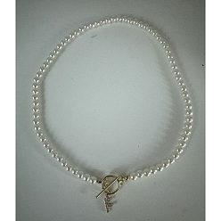 Letter F Brass Clear Cubic Zirconia Letter Pendant Necklaces, Imitation Pearl Beaded Necklaces, with Stainless Steel Toggle Clasps, Lead Free & Nickel Free & Cadmium Free, Letter F, 17.72~18.23 inch(45~46.3cm), beads: 6mm
