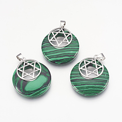 Малахит Синтетического малахита подвески, для евреев, с латунной фурнитурой платинового цвета, плоские круглые со звездой Давида, 32x28x7 мм, отверстие : 4x5 мм