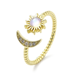 Золотой Открытые манжеты из латуни с микропаве и прозрачным цирконием для женщин, звезды и луна, со стеклом, золотые, 9.5 мм, размер США 6 (16.5 мм)