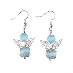 Небесно-голубой Глаза кота болтаться серьги, с посеребренными бусинами из сплава, латунные колпачки и латунные крючки для сережек, ангел, голубой, 45 мм , штифт: 0.6 мм