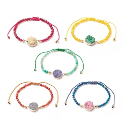 Mixed Color 5Pcs 5 Color Dyed Natural Drusy Agate Flat Round Link Bracelets Set, Gemstone Adjustable Bracelet for Women, Mixed Color, Inner Diameter: 2~3-5/8 inch(5.1~9.1cm)
