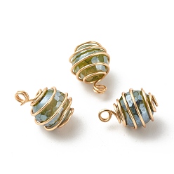 Dark Olive Green Electroplated Natural Agate Penndants, with Copper Wire Wrapped, Golden, Faceted Round, Dark Olive Green, 18x13mm, Hole: 2~2.5mm